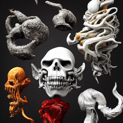 Image similar to a close up of a bunch of different items, an ambient occlusion render by alberto seveso, zbrush central, vanitas, lovecraftian, biomorphic, rendered in cinema 4 d