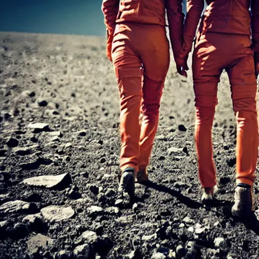 Prompt: up close 3 friends on dusty Mars soil in the future walking together all wearing stylish futuristic clothing picture taken with 5 mm camera nokia, intricate, ultra HD, super detailed, realistic, award-winning picture