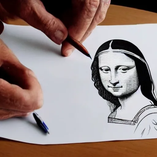 Image similar to a man roughly sketching the mona lisa on a sheet of paper, in the style of davinci
