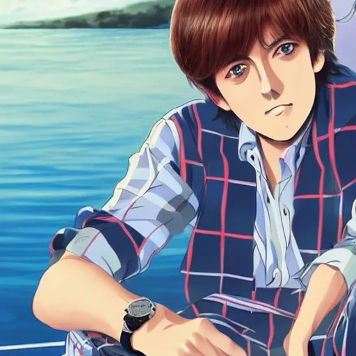 Image similar to anime illustration of young Paul McCartney from the Beatles, wearing a blue and white check shirt and watch, relaxing on a yacht at sea, screenshot from Weathering With You (2019)