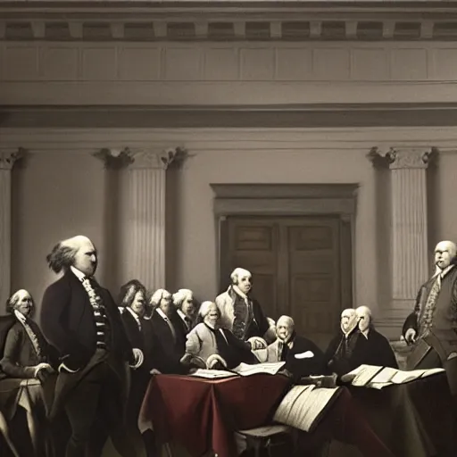 Image similar to zoo animals signing the declaration of independence, dramatic lighting, cinematic, establishing shot, extremely high detail, photo realistic, cinematic lighting, post processed, concept art, artstation, matte painting,