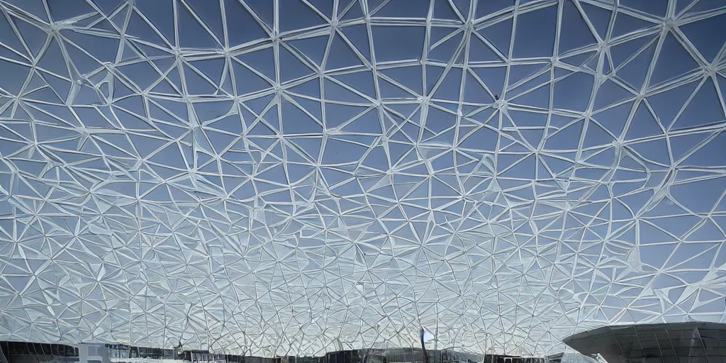 Prompt: futuristic translucent mosque exterior, hive power, shadows, complex, detailed, reflective, pearlescent, white panels, glass, geodesic, architecture by Buckminster Fuller and photo by Nick Hufton and Allan Crow