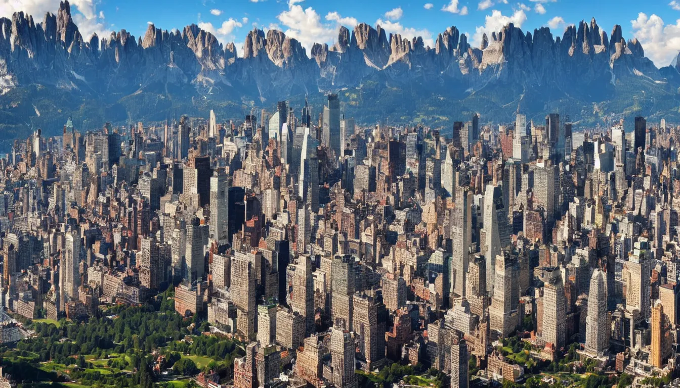 Prompt: new york city in dolomites mountains