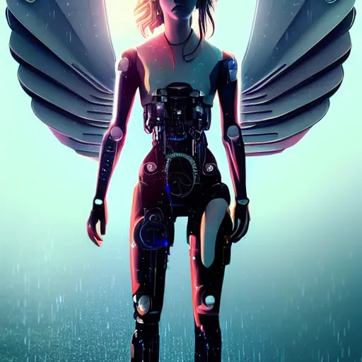 Image similar to emma watson as a beautiful cyborg - angel girl standing on a lake, rainfall, biomechanical details, digital cyberpunk anime art, full body shot, reflections, lens flare, wlop, ilya kuvshinov, artgerm, krenz cushart, greg rutkowski