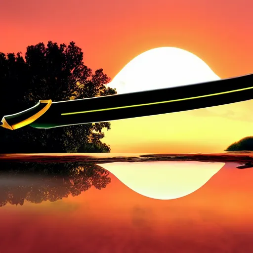 Image similar to a floating sword in front of a sunrise, extremely realistic and beautiful