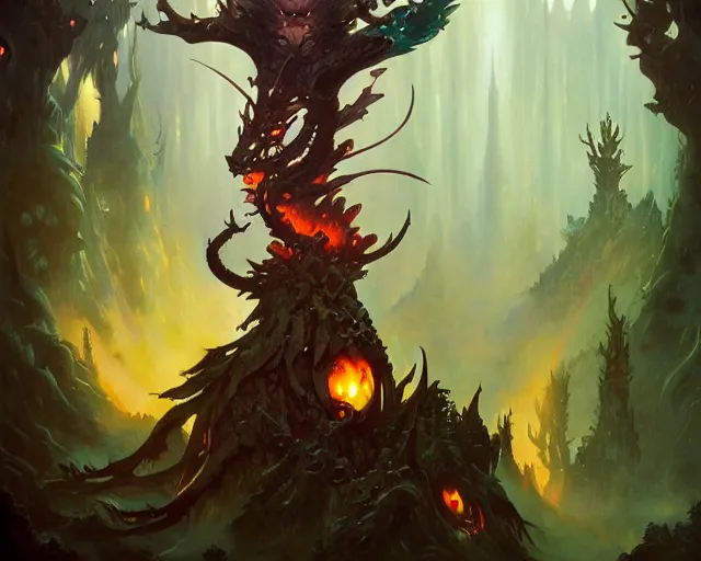 Prompt: draconic forest totem, peter mohrbacher, leiji matsumoto, dark fantasy art, intricately detailed