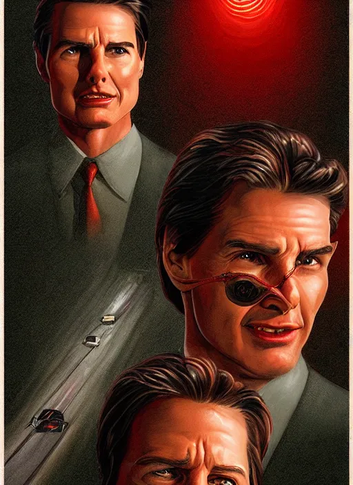 Image similar to small innocent tom cruise, evil beings pull the strings into his mind, they reach into his mind, twin peaks poster art, from scene from twin peaks, by michael whelan, artgerm, retro, nostalgic, old fashioned