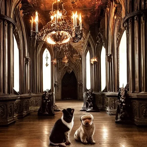 Image similar to gothic hall with large chandeliers under the ceiling, horror style, with puppies and kittens everywhere