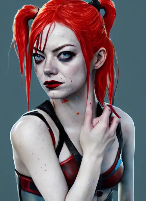 Image similar to biopunk portrait of emma stone as harley quinn, hyper detailed, digital art, trending in artstation, cinematic lighting, studio quality, smooth render, unreal engine 5 rendered, octane rendered, art style by klimt and nixeu and ian sprigger and wlop and krenz cushart.