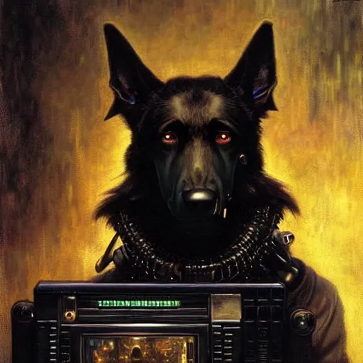 Image similar to a portrait of a black german shepard orc dogman canine neuromancer with human eyes serious looking holding computer console. shadowrun cyberpunk fantasy d & d highly detailed painting by gaston bussiere craig mullins jc leyendecker gustav klimt artgerm greg rutkowski