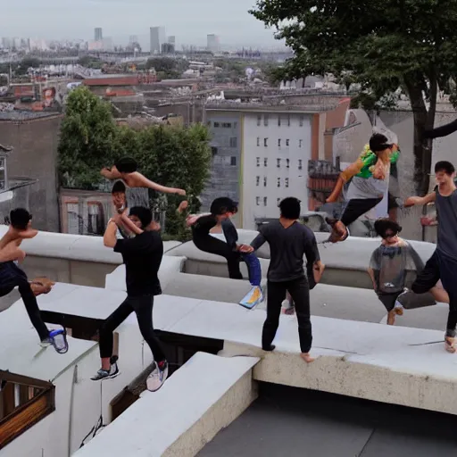Prompt: a gang of teenagers parkour across rooftops