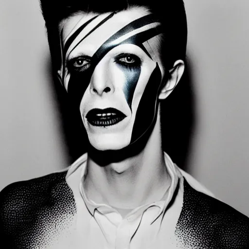 Image similar to black and white photo of david bowie with even pattern yin - yang facepaint face painted into one side white one side black, singing on top of a spaceship