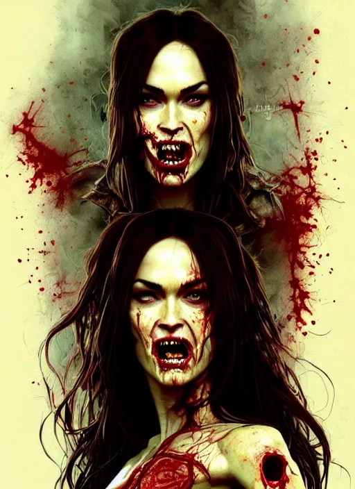 Image similar to portrait of megan fox as bloodthirsty damaged toothsome zombie, once upon a time, open mouth with sharp bloody teeth, intricate, headshot, highly detailed, digital painting, artstation, concept art, sharp focus, cinematic lighting, illustration, art by artgerm and greg rutkowski, alphonse mucha, cgsociety