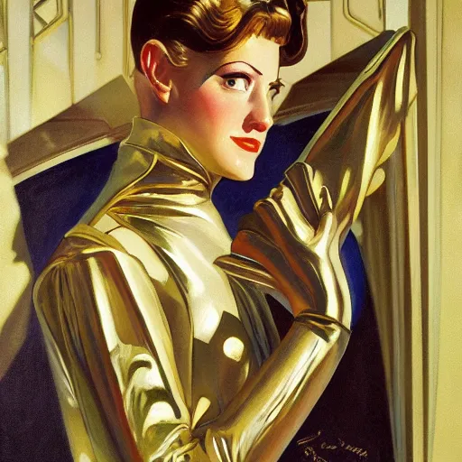 Image similar to closeup painting of uncannily beautiful aristocrat wearing latex and bronze catsuitand face paint inside bronze art deco arcology, science fiction by j. c. leyendecker and fritz lang and stefan prohaczka