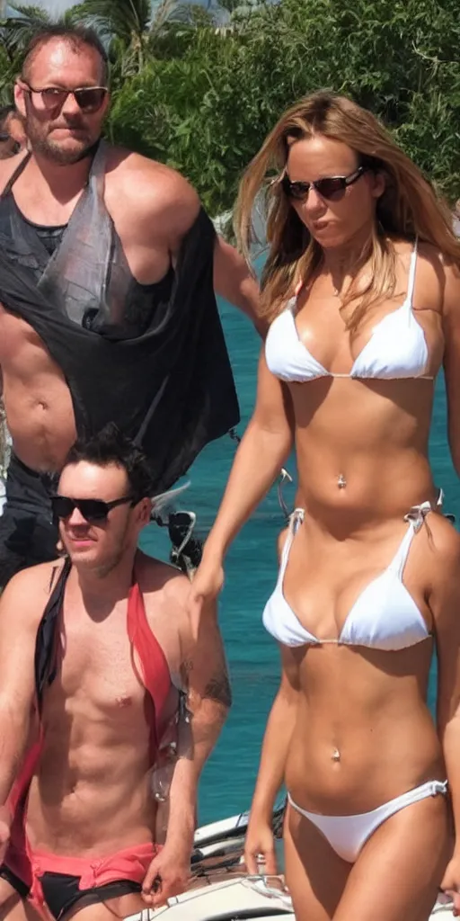 Image similar to photo of a 4 0 year old man that looks young for his age dating a very attractive 2 2 year old woman wearing a bikini. his wife is visibly upset in the background. lol