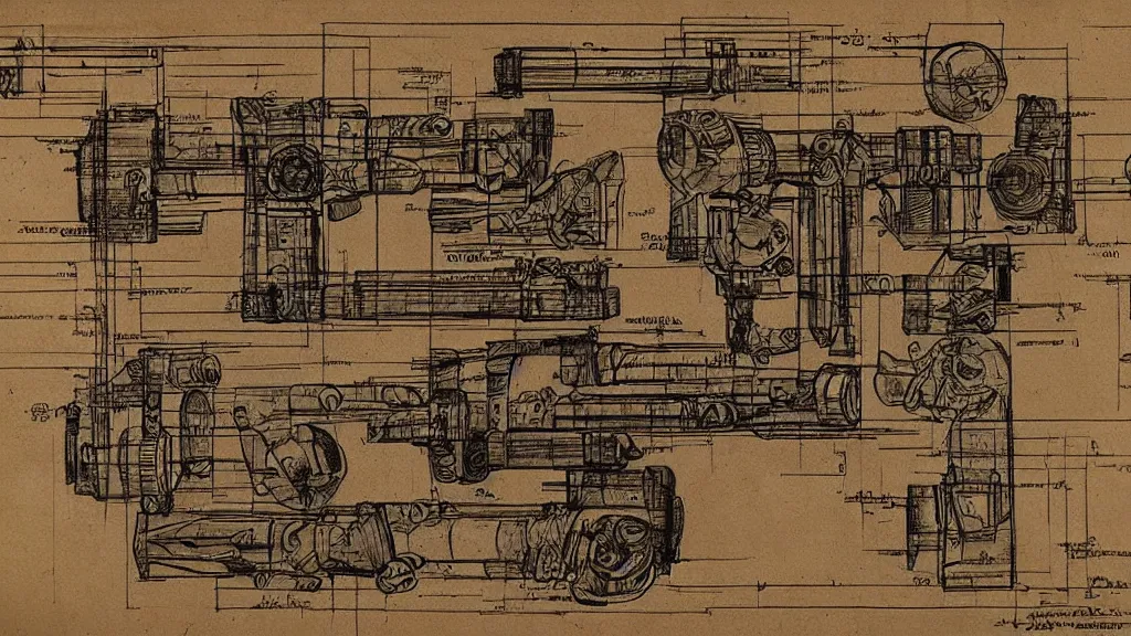 Prompt: renaissance blueprint of a lightsaber