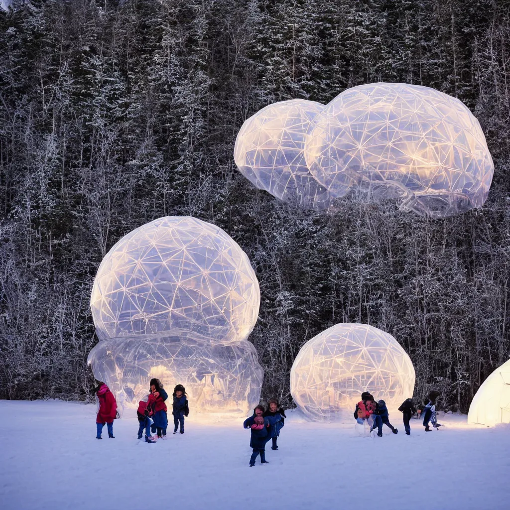 Prompt: A night photo of a family playing in the snow in front of a large glowing inflatable geodesic house made of clear plastic sheeting. The bubble house glows from within with warm light. The inflated bubble house is at the edge of a snowy winter forest by a frozen lake. The bubbles are full of colorful people and furniture. Coronarender, 8k, photorealistic