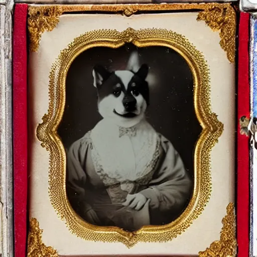 Image similar to daguerreotype photograph of an akita inu in fancy victorian dress