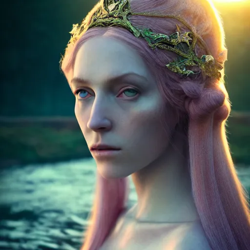 Image similar to photographic portrait of a stunningly beautiful english elven queen renaissance female in soft dreamy light at sunset, beside the river, soft focus, contemporary fashion shoot, in a denis villeneuve and tim burton movie, by edward robert hughes, annie leibovitz and steve mccurry, david lazar, jimmy nelsson, extremely detailed, breathtaking, hyperrealistic, perfect face, octane render