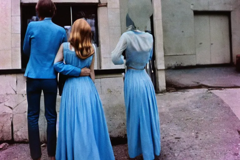 Prompt: film photography, 35mm, 1970s, love and romantic in blue colors, feeling of young and freedom, in style of Joel Meyerowitz