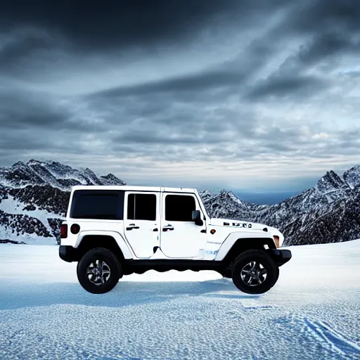 Image similar to white jeep wrangler driving on top of snowy mountain cornice, high quality digital art, dramatic lighting, cinematic, photo realism