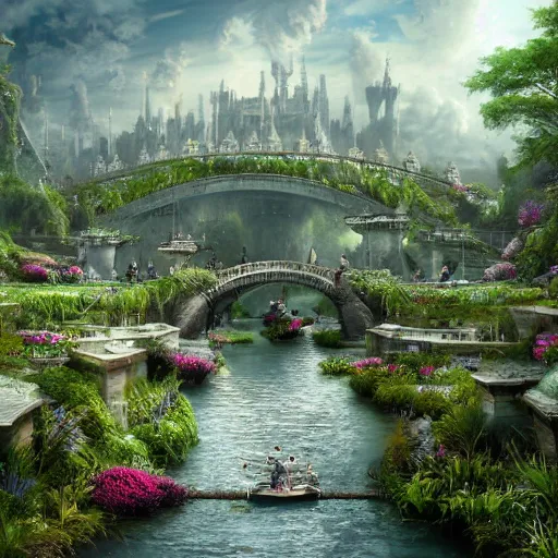 Prompt: kingdom of heaven and paradise, bridges over canals with fountains wiith lush flowers and vegetation, Marc simonetti, Sci-Fi, Zaha Hadid, detailed futuristic architecture, Maya render, raytracing, epic cinematography, in the style of Lord of the Rings, Weta Digital, Wētā FX