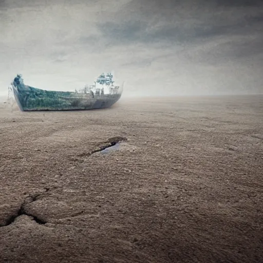 Prompt: a dusty ship emerging from a desiccated land, high resolution realistic potrait