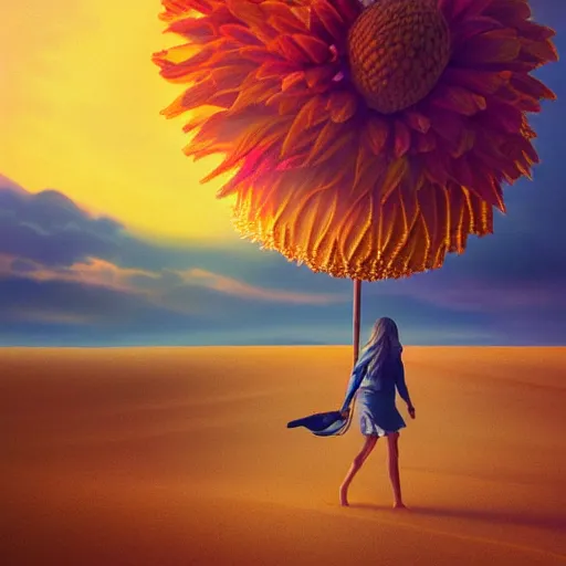 Image similar to portrait, giant dahlia flower head, girl walking between dunes, surreal photography, sunrise, blue sky, dramatic light, impressionist painting, digital painting, artstation, simon stalenhag