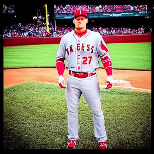 Prompt: “a realistic detailed photo of a guy who is named Mike Trout a baseball player, frozen like a statue”
