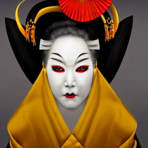 Image similar to realistic full body photo of demon geisha, gorgeous, scary, symmetrical, golden ration, high detail