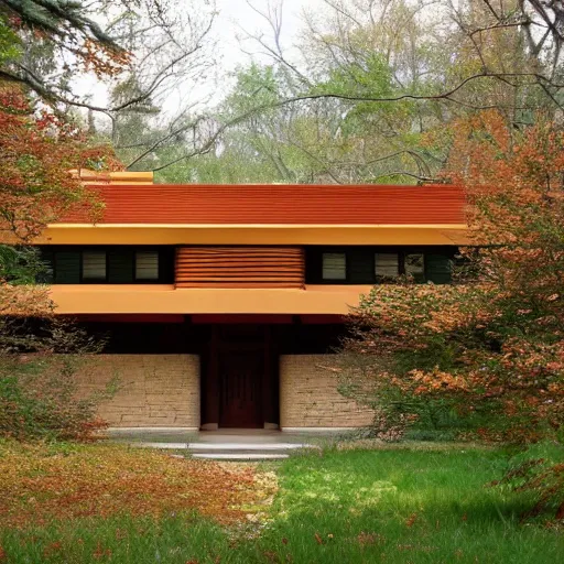 Image similar to house designed by frank lloyd wright, forest