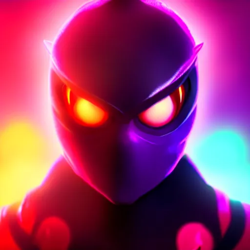 Image similar to ninja surrounded by purple aura, glowing red eyes, full body shot, menacing, stylized, octane render, artstation, digital art, digital painting, devian art