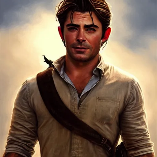 Prompt: A combination of Zac Efron's and Orlando Bloom's and Chris Pine's faces as Nathan Drake, western, D&D, fantasy, intricate, elegant, highly detailed, digital painting, artstation, concept art, matte, sharp focus, illustration, art by Artgerm and Greg Rutkowski and Alphonse Mucha