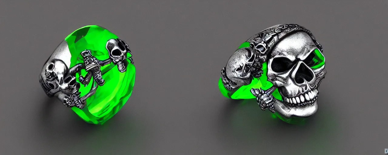 Image similar to simple magic ring of poison, skull, skulls, teeth, green, black, purple. smooth shank, crystals, engravings, product design, jewelry, colorful, art by gerald brom, greg rutkowski and artgerm, photo realism, unreal engine, c 4 d