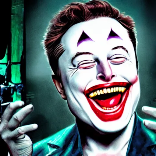 Image similar to elon musk as joker, highly detailed face, 8 k, 3 5 mm film