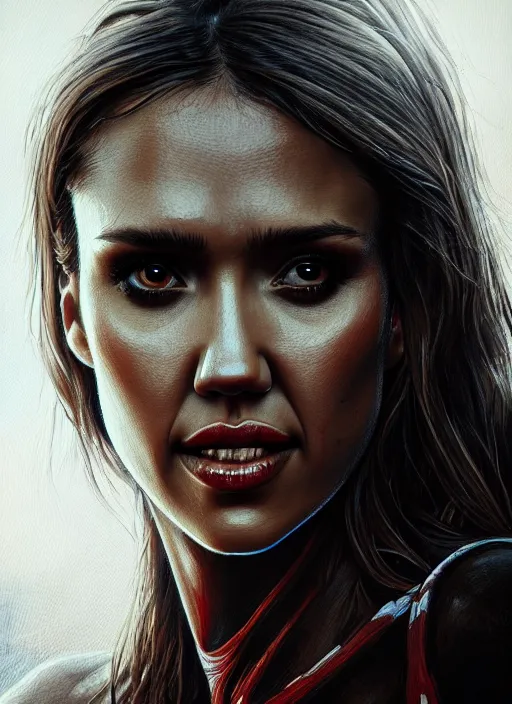 Prompt: close up portrait of jessica alba as a monster in the mountains of hell, oil painting by tomasz jedruszek, cinematic lighting, pen and ink, intricate line, hd, 4 k, million of likes, trending on artstation