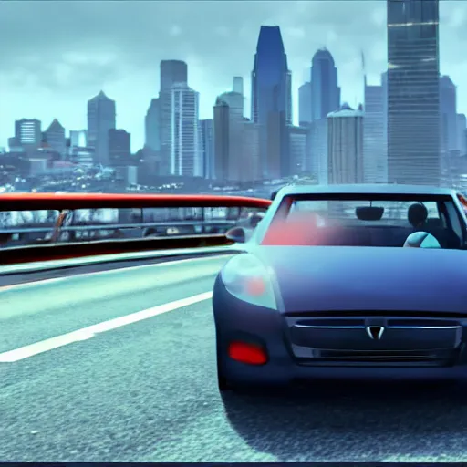 Prompt: a car driving down a road with a city in the background, a screenshot, featured on cg society, playstation 5 screenshot