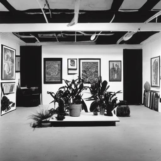 Image similar to A black and white photo in sérigraphie of an exhibition space with works of Sun Ra, Marcel Duchamp and tropical plants - W 1280