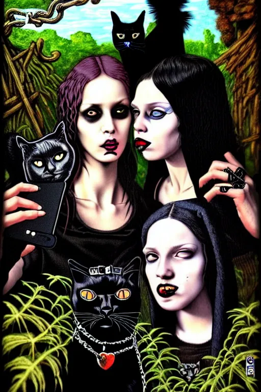 Prompt: punk rock girls kissing and making selfie with black cats in jungle , 1980 style, mad max jacket, post apocalyptic, Cyberpunk, renaissance, Gothic, mystic, highly detailed, digital painting, 4k, oil painting by Leonardo Da Vinci, hyper realistic style, fantasy by Olga Fedorova