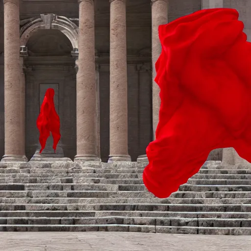 Image similar to a figure covered by red cloth that's blowing in the wind standing in a beautiful roman city, digital art, concept art, cloth simulation with houdini, octane, redshift, 8 k