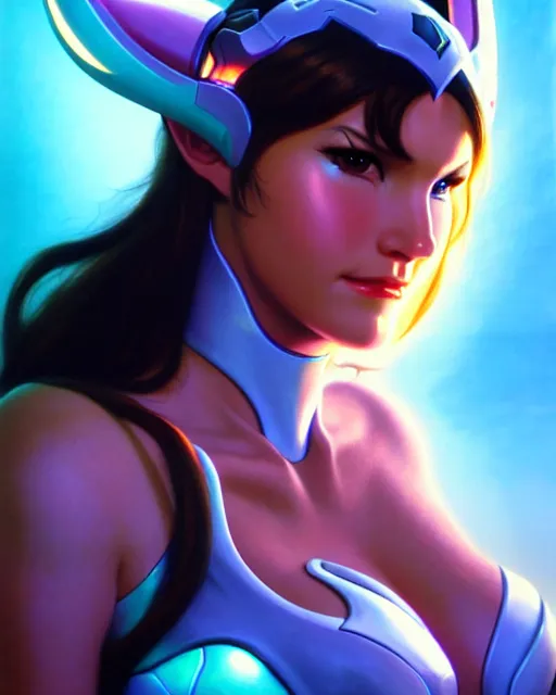 Prompt: d. va from overwatch, character portrait, portrait, close up, fantasy art, sci - fi art, radiant light, caustics, by boris vallejo