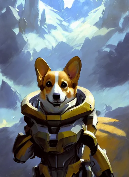 Image similar to Greg Manchess painting of A Corgi from Metroid Prime wearing Forerunner Armor from Halo, countryside, calm, fantasy character portrait, dynamic pose, above view, sunny day, thunder clouds in the sky, artwork by Jeremy Lipkin and Giuseppe Dangelico Pino and Michael Garmash and Rob Rey, very coherent asymmetrical artwork, sharp edges, perfect face, simple form, 100mm
