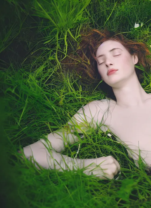 Image similar to lady laying under the river bed amongst the weeds, underwater shot, submerged, medium shot, on the bed of the river preraphaelite, 8 k