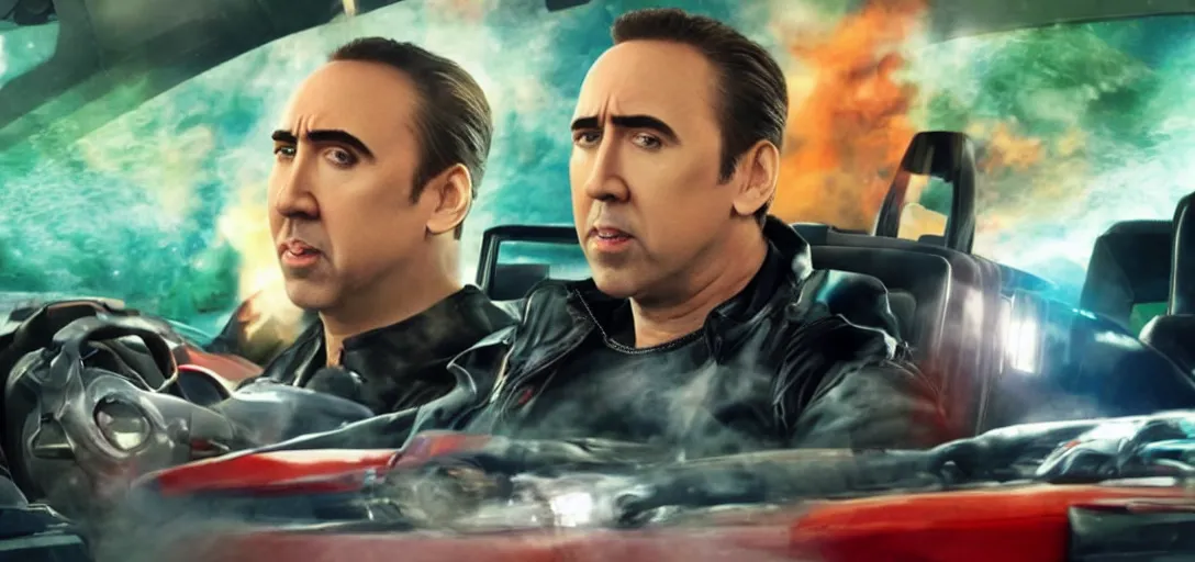 Image similar to nicholas cage in a mario kart, movie still, from the new fast and furious movie, hd, 8 k