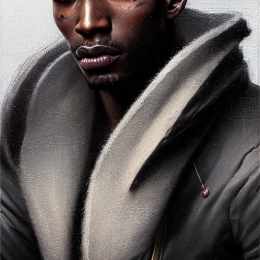 Image similar to portrait painting of a beautiful black man with blade scars and cropped hair wearing a tattered grey coat, ultra realistic, concept art, intricate details, eerie, highly detailed, photorealistic, octane render, 8 k, unreal engine. art by artgerm and greg rutkowski and charlie bowater and magali villeneuve and alphonse mucha