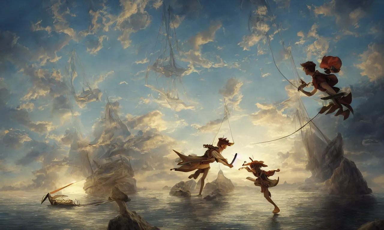Image similar to a beautiful digital painting of peter pan sword fighting with hook, disney, a white caravel flying in the clouds, birds in the sunlight, numerous golden ropes and sails, blue sky at sunset, elegant, highly detailed, artstation, concept art, matte, sharp focus, art by tom bagshaw, kelogsloops and greg rutkowski