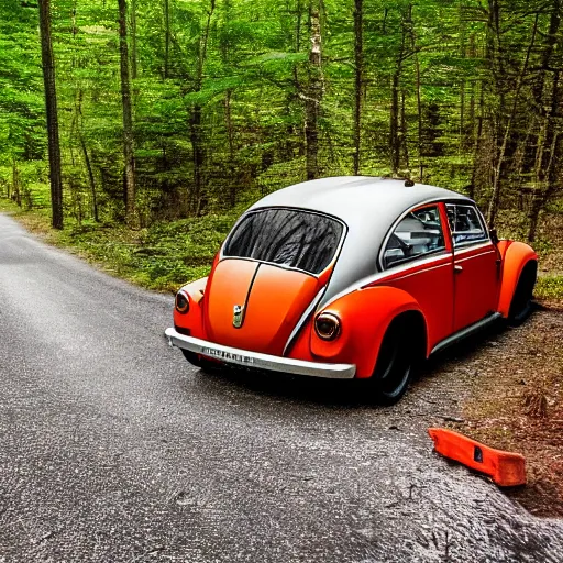 Image similar to promotional scifi - mystery movie scene of a ( volkswagen beatle ) and ladybug hybrid that's more ladybug. racing down a dusty back - road in smokey mountains tennessee. cinematic, 4 k, imax, 7 0 mm, hdr