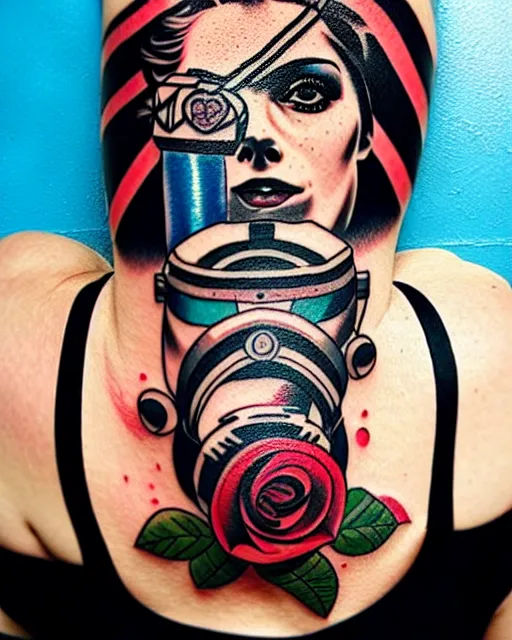 Image similar to diver with oxygen mask wearing blood and having tattoo of rose and a pistol with sea and ocean in the background intricate details with horror side profile by Sandra Chevrier