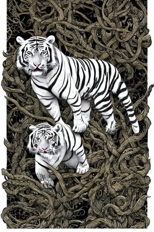 Image similar to ultra realistic full - body white tiger wrapped in vines and white flowers + black paper + elements + white + gold + cyan + baroque + rococo + ink, marc simonetti, paul pope, peter mohrbacher, detailed, intricate ink illustration