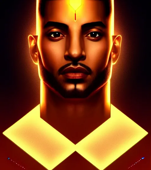 Image similar to symmetry!! egyptian king of technology, solid cube of light, hard edges, product render retro - futuristic poster scifi, lasers and neon circuits, brown skin handsome egyptian king, intricate, elegant, highly detailed, digital painting, artstation, concept art, smooth, sharp focus, illustration, dreamlike, art by artgerm
